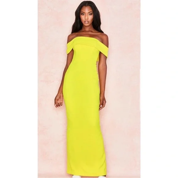 HOUSE OF CB 'Shelby' Yellow Crepe Off Shoulder Column Maxi Dress NWOT - Picture 2 of 5